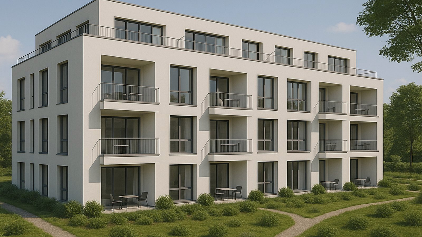 Visualisierung des nächsten Neubauvorhabens: Mehrfamilienhaus mit Balkonen und Dachterrassen